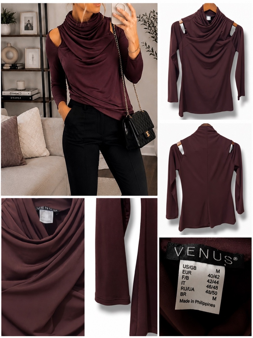 VENUS | NWOT Philippines Plum Draped Cowl Neck Cold-Shoulder Long Sleeve Top (M)